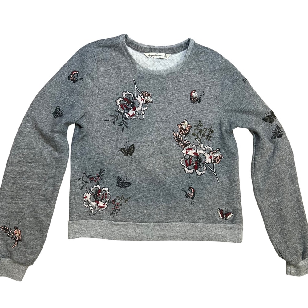 Abercrombie & Fitch Womens Gray Embroidered Floral Butterfly Sweatshirt Small